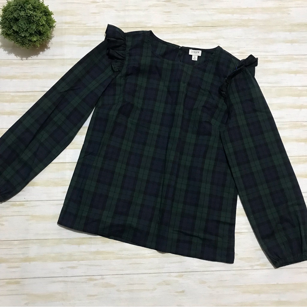 J Crew Blue Green Plaid Tartan Ruffle Top
